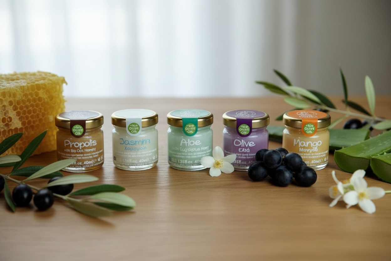 Jars of honey and olive oil products on a wooden surface with honeycomb and olives.