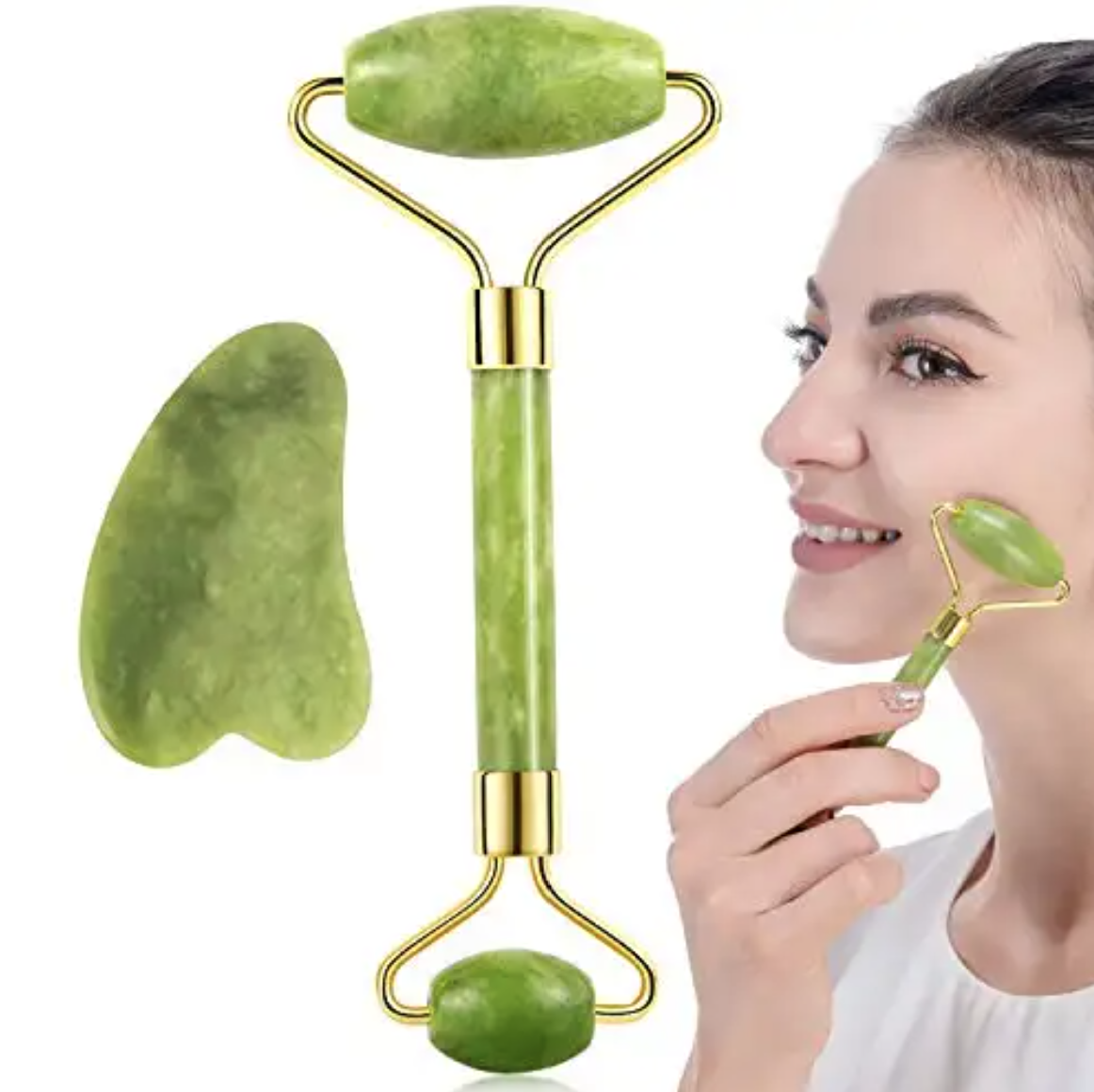 Natural Crystal Stone Anti Aging Facial Tool Massage Set Xiuyan Jade Roller and Gua Sha for Face