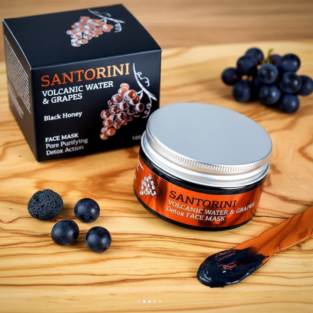Santorini volcanic water and grapes face mask with packaging on a wooden surface