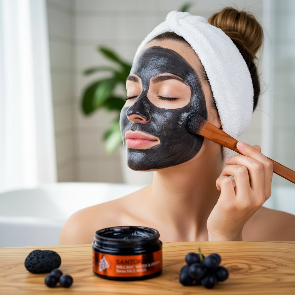 Santorini volcanic water and grapes face mask jar with packaging and grapes on a wooden surface