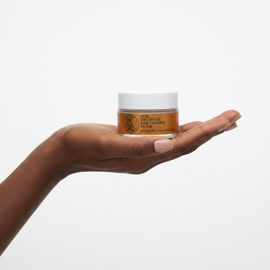 Melura 24K Gold eye and lip contour cream with packaging on a white background