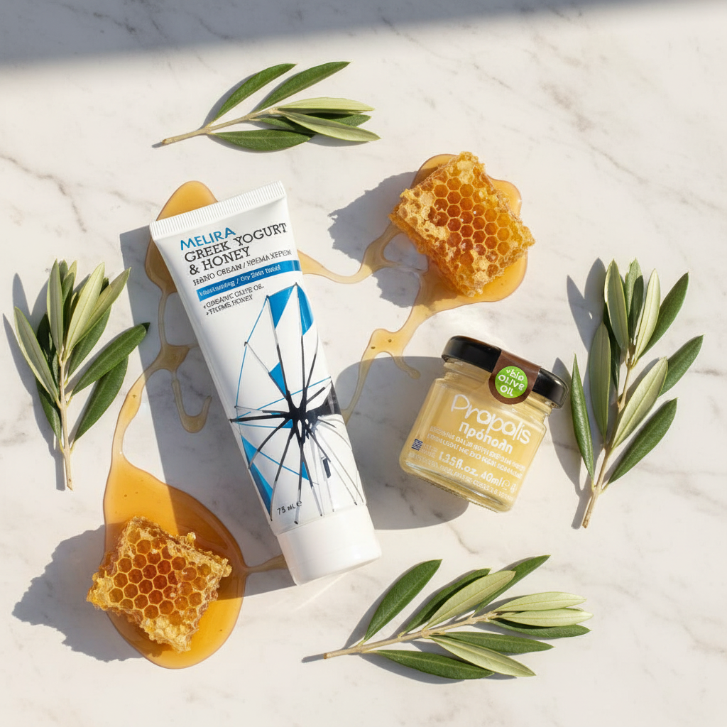 Melira Greek Hand Care Duo - Yogurt Honey Hand Cream and Beeswax Balm together
