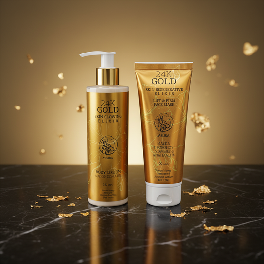 Melira Gold Glow Duo - 24K Gold Body Lotion and Face Mask together