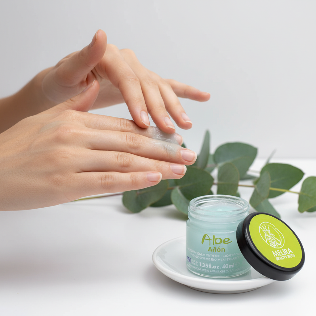 Woman applying Melira Aloe Eucalyptus Beeswax Balm on hands
