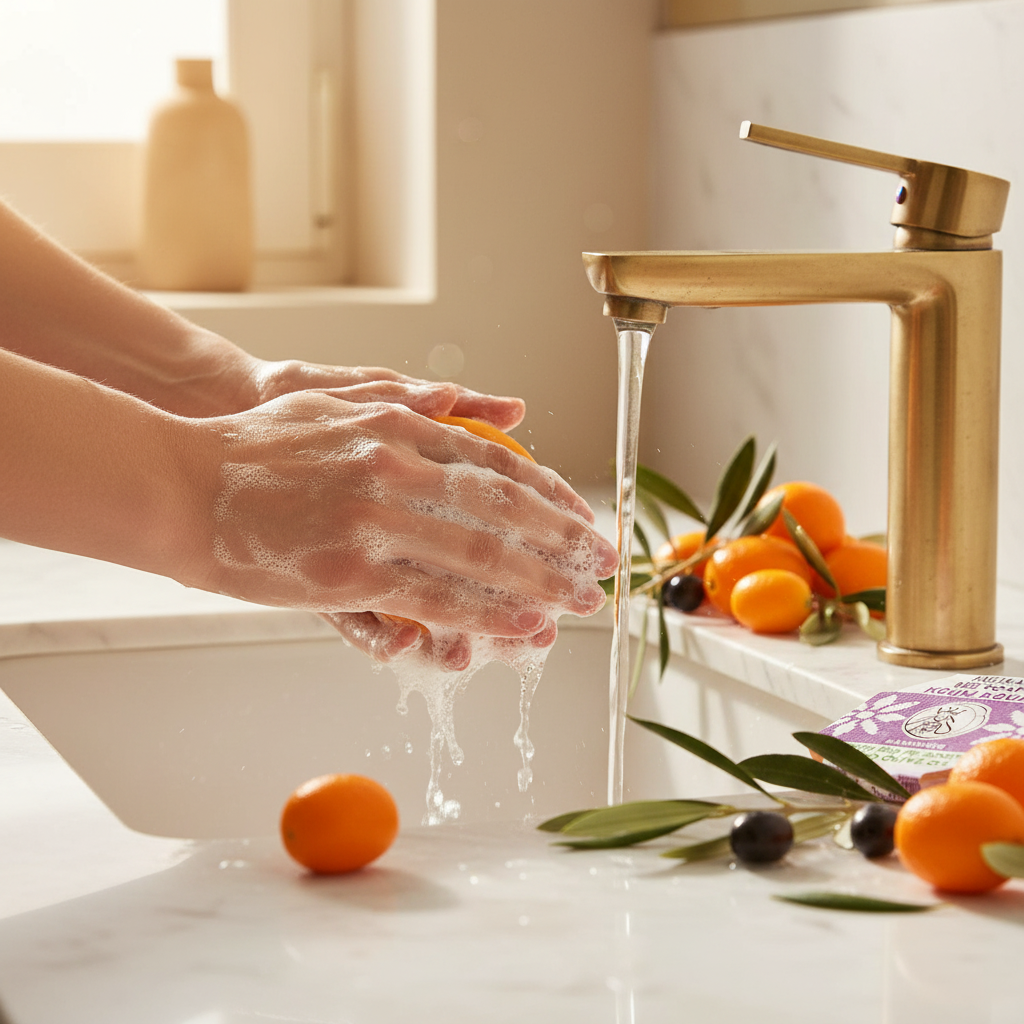 Hands lathering Melira Kumquat Bee Soap with kumquat fruits and olive branches