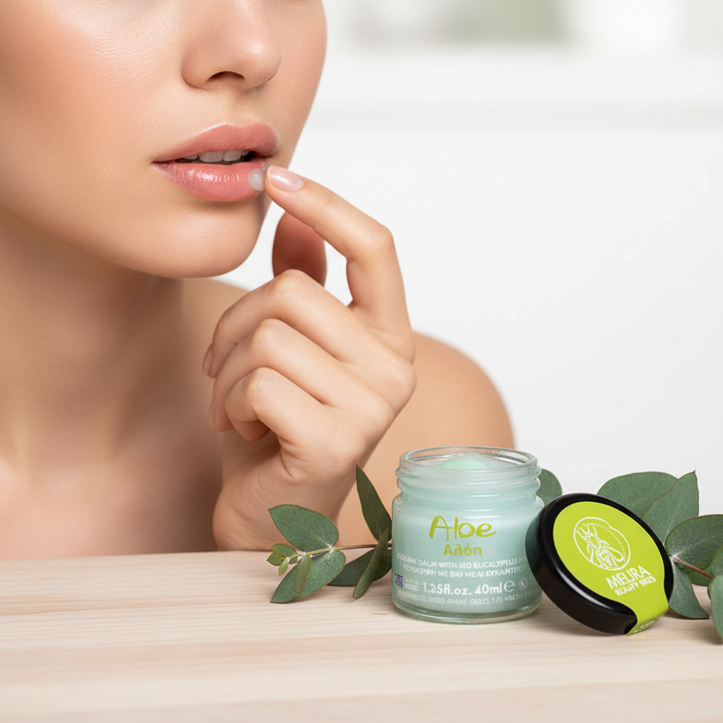 Girl applying Melira Aloe Eucalyptus Beeswax Balm on lips