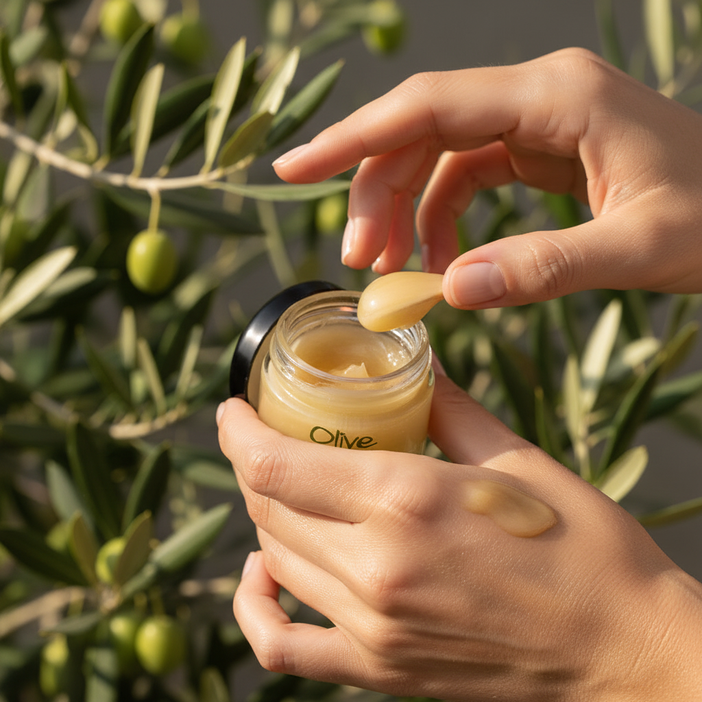 Hands applying Melira Beeswax Balm Olive showing creamy texture