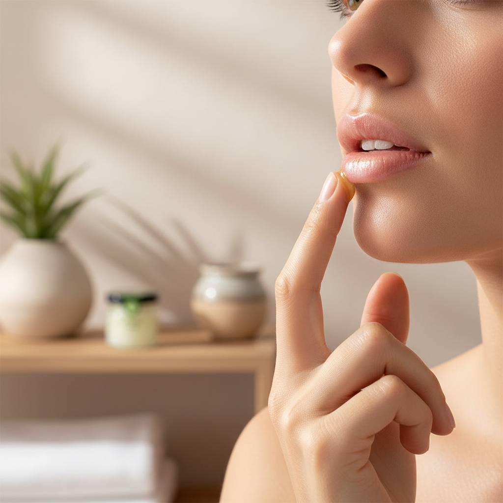 Woman applying Melira Beeswax Balm Olive on lips