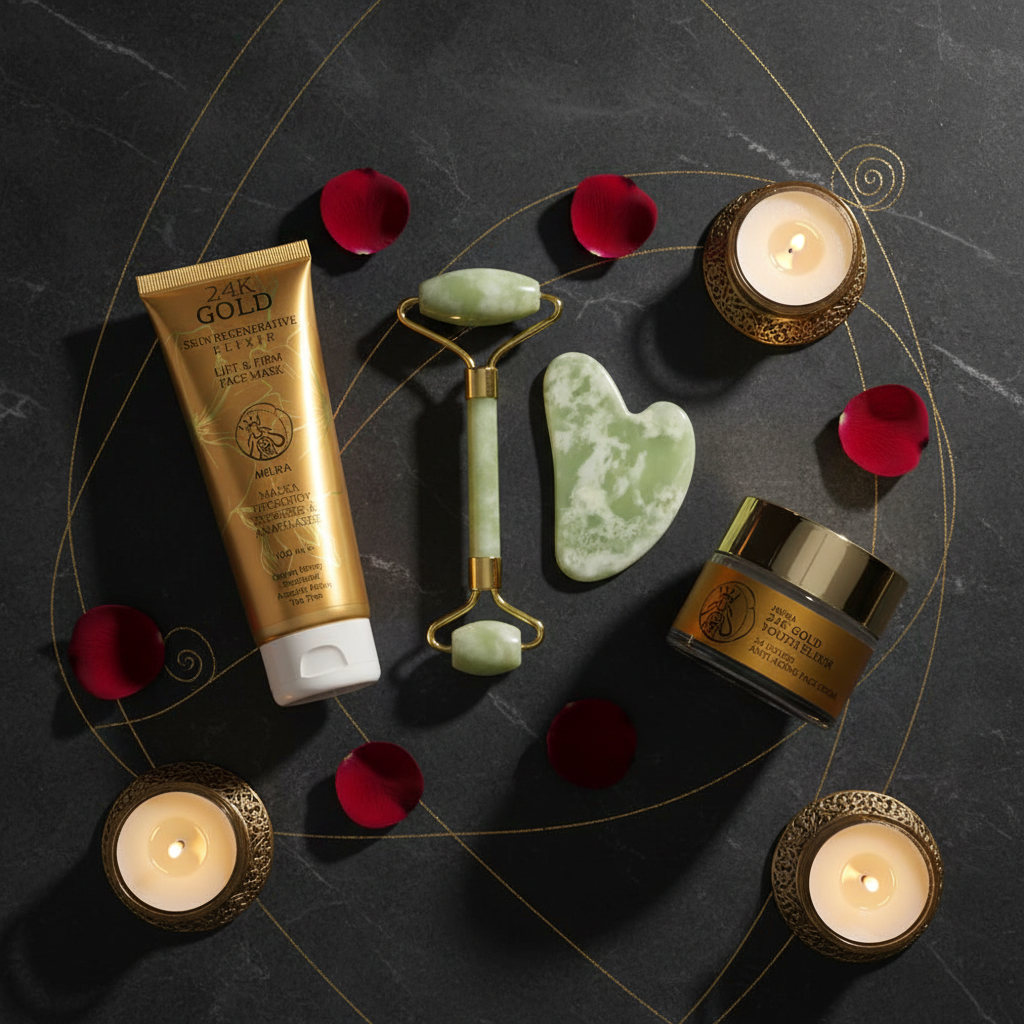 Spa Night Ritual – Jade Roller, 24K Gold Face Mask and Youth Elixir Face Cream flat lay