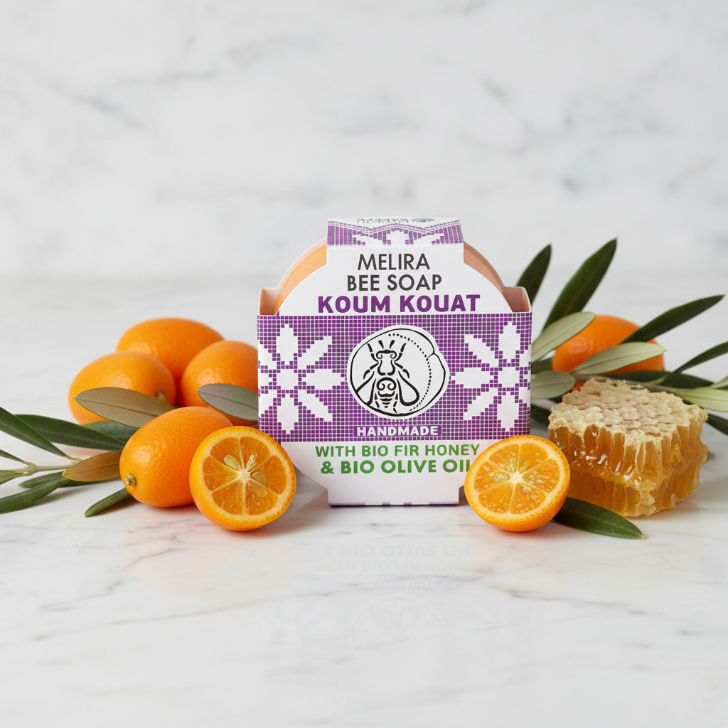 Melira Bee Soap Kumquat on marble with kumquat fruits and honeycomb
