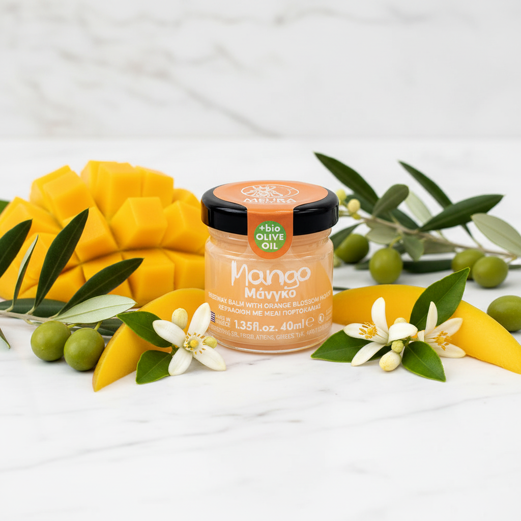 Melira Beeswax Balm Mango Orange Blossom with mango slices and orange blossom flowers