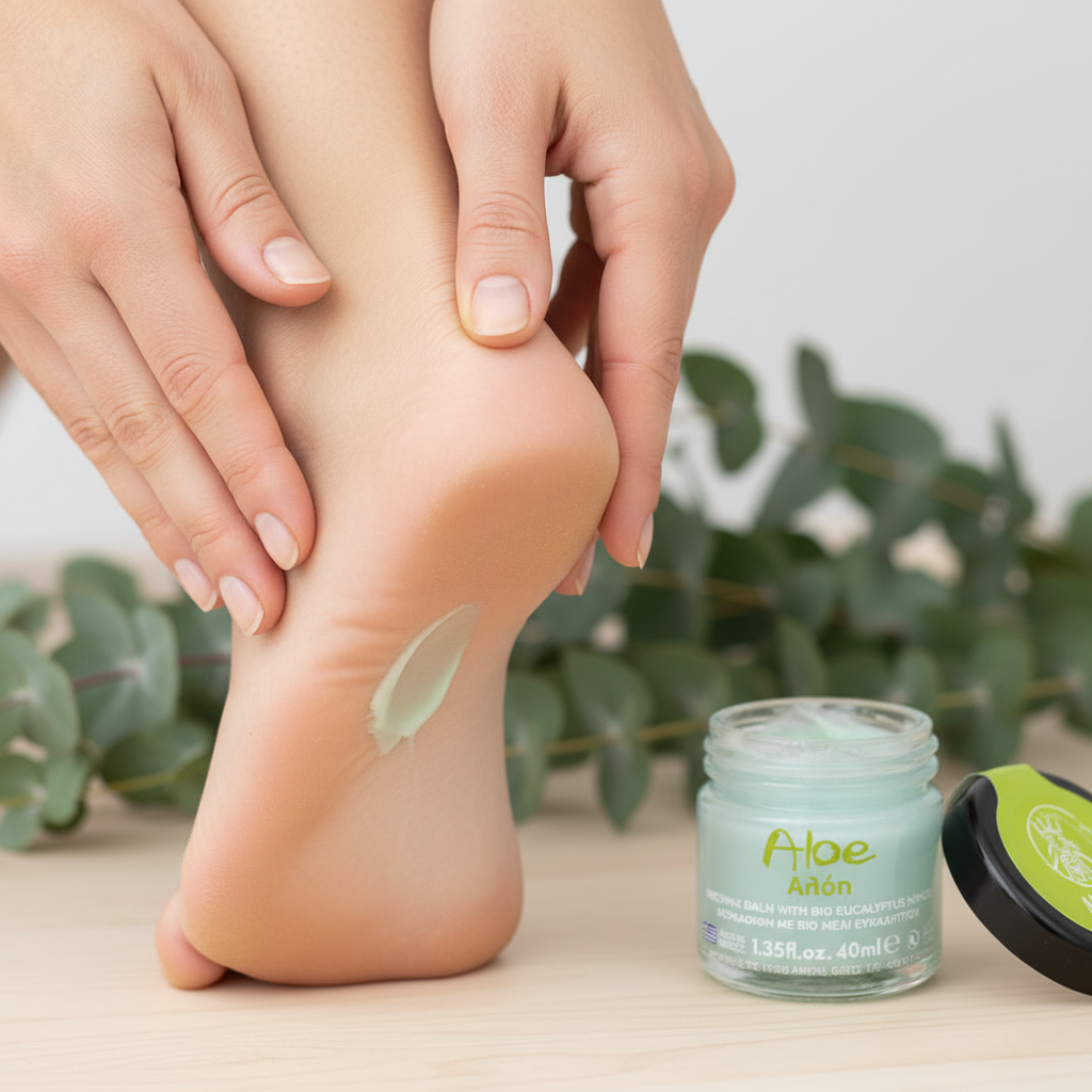 Woman applying Melira Aloe Eucalyptus Beeswax Balm on dry heels
