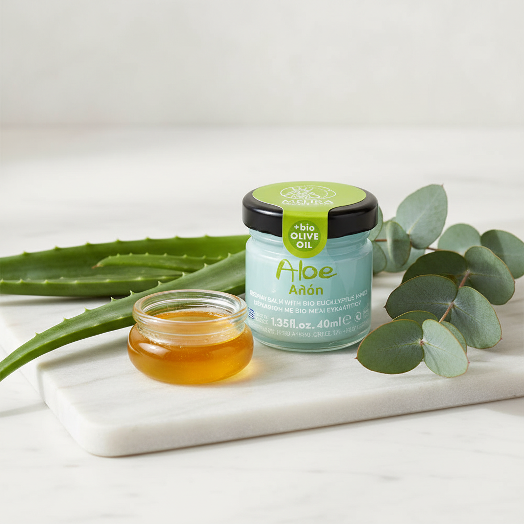 Melira Beeswax Balm Aloe Eucalyptus with aloe vera, eucalyptus and honey on marble