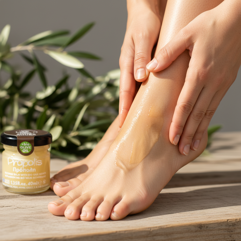 Woman applying Melira Beeswax Balm on dry heels