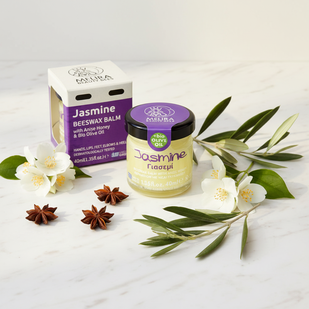 Melira Beeswax Balm Jasmine with anise honey and olive branches on marble