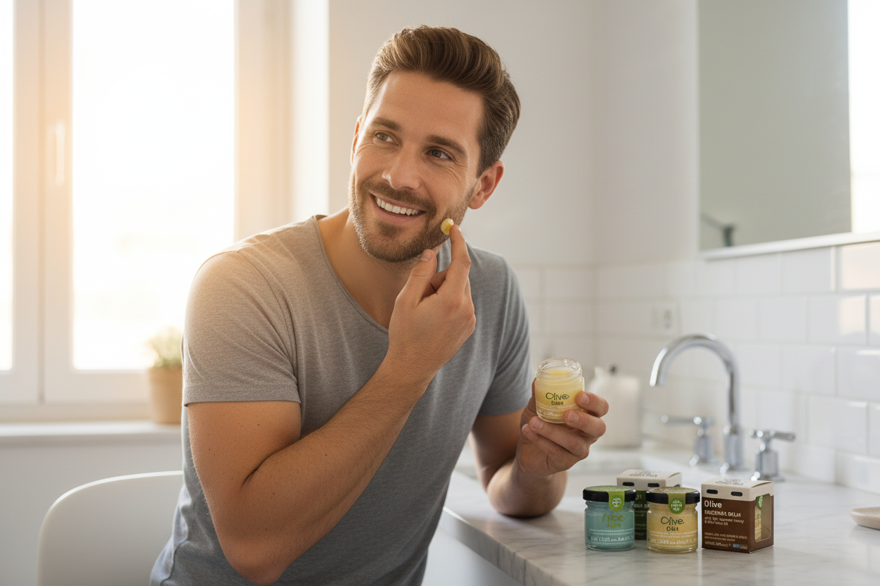 Father applying Melira beeswax balm in bathroom mirror with tins on counter