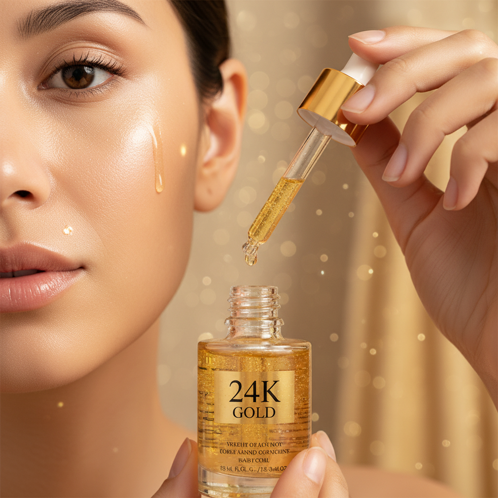 Hand applying 24K Gold serum to glowing skin, luxury beauty editorial shot