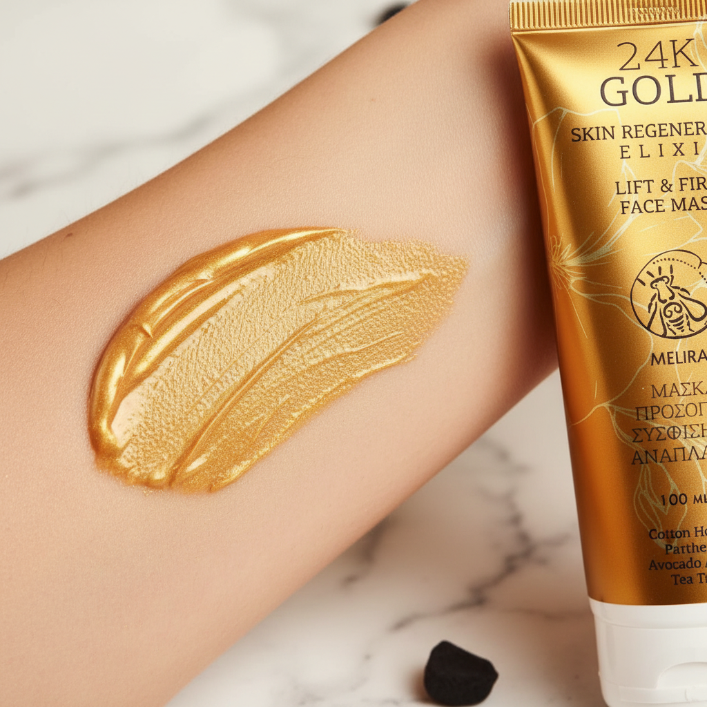 Golden cream texture swatch on skin with 24K Gold face mask tube on marble surface