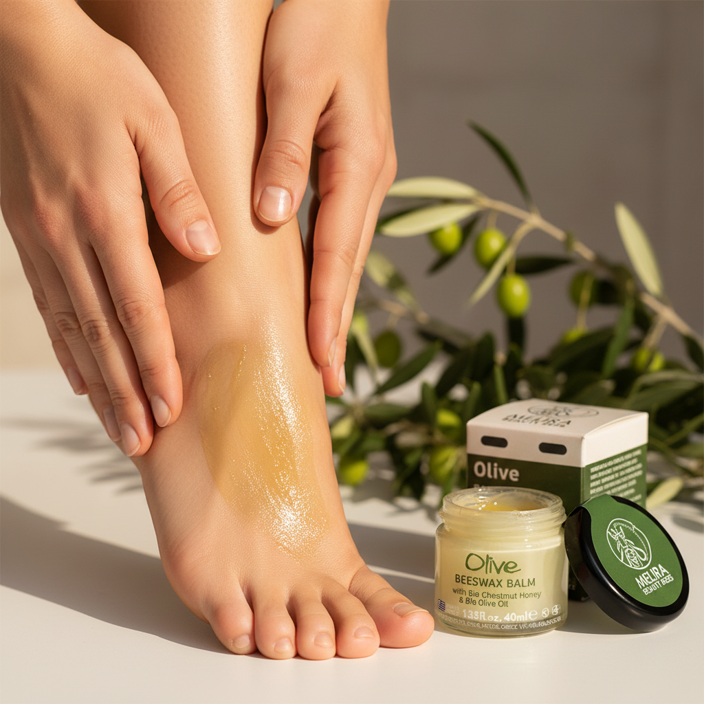 Woman applying Melira Beeswax Balm Olive on dry heels