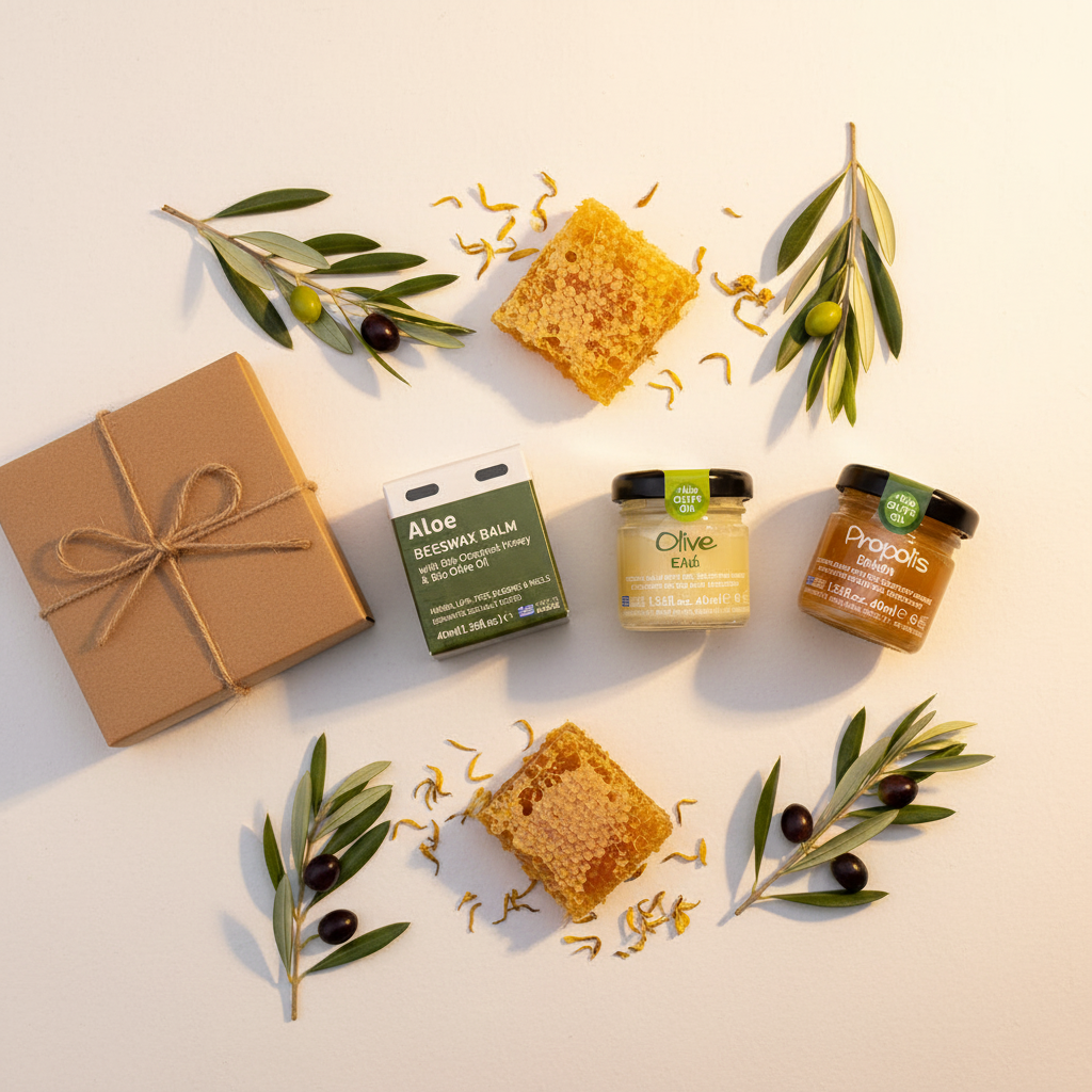 Melira beeswax balm trio arranged as Father's Day gift set with honeycomb and olive branches