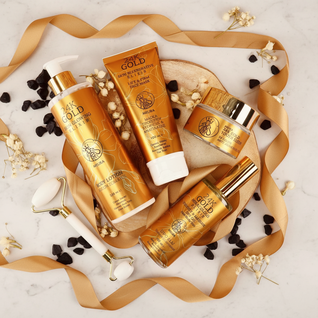 24K Gold skincare bundle gift set arranged on stone tray with gold ribbon and dark pebbles