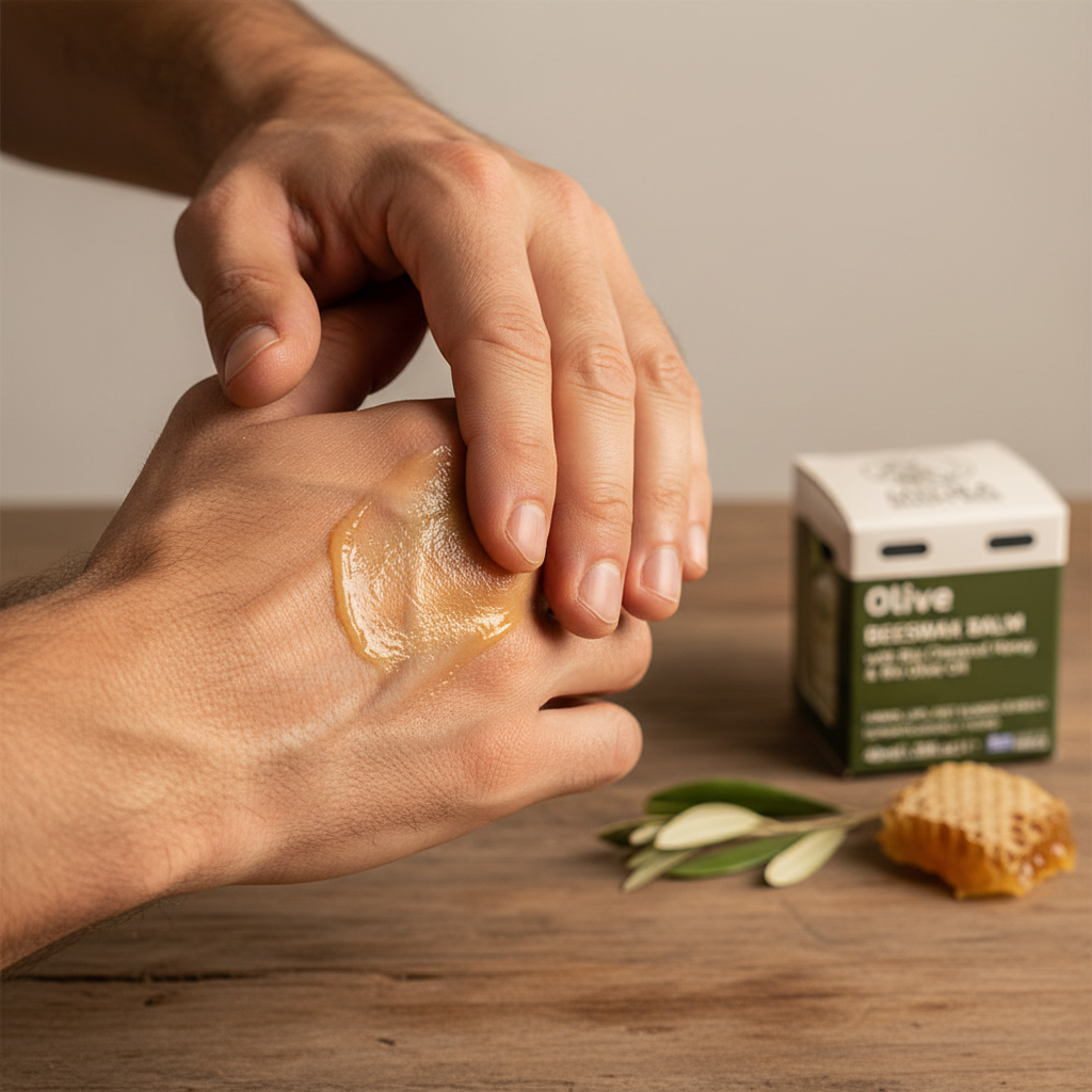 Man applying Melira Beeswax Balm Olive on dry hands