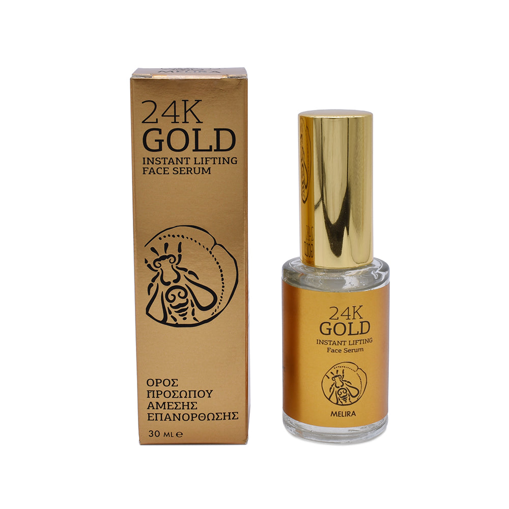 A product image featuring the 24K GOLD Instant Lifting Face Serum in a 30ml (1 fl. oz.) bottle. The luxurious serum is showcased with its elegant packaging, exuding opulence and sophistication. The label on the bottle highlights the serum's name and quantity, capturing the essence of its premium quality.