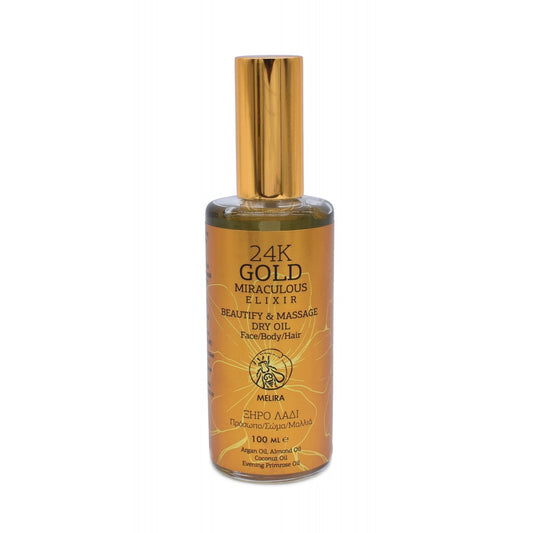 Gleaming gold bottle of 24K GOLD MIRACULOUS ELIXIR Dry Oil, 100ml / 3.4 fl. oz. A symbol of luxury and skincare opulence.